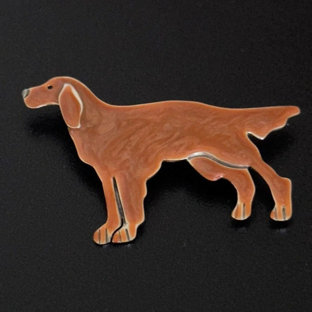 Anne & Jane Vintage 925 Sterling Silver Enameled Dog Irish Setter Brooch Pin